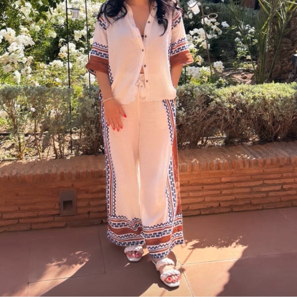 Anthropologie Cream and Brown Wide Leg Jumpsuit TOP